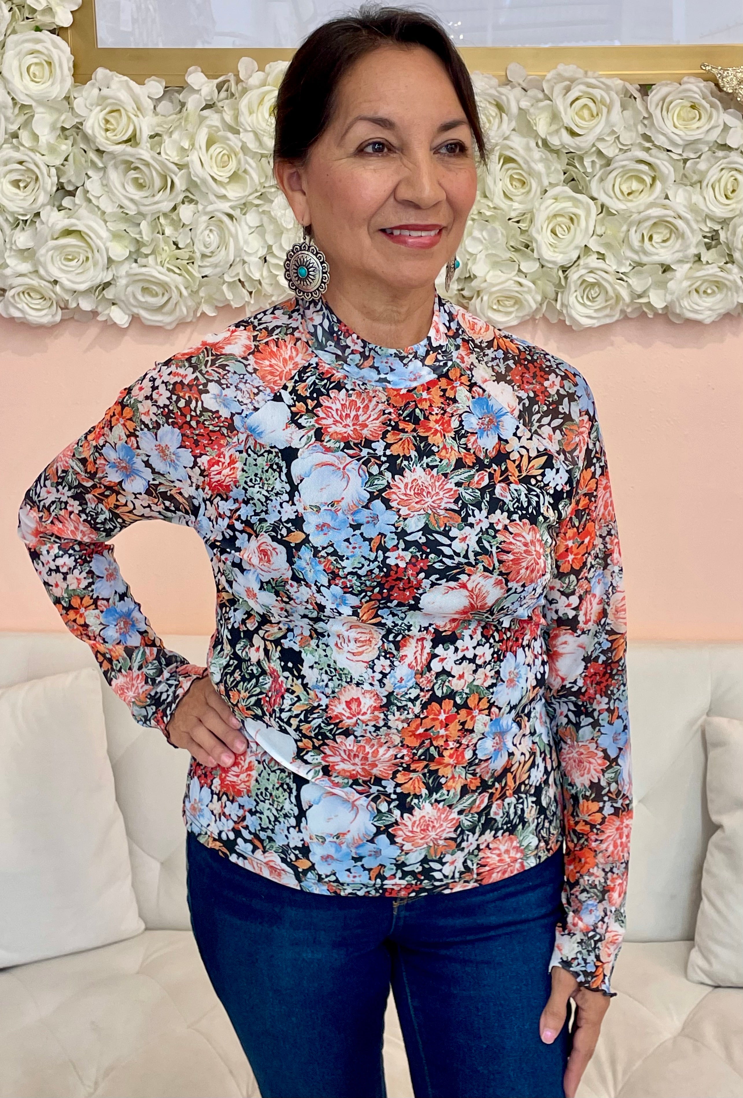 Fiona Floral Mesh Long Sleeve Top