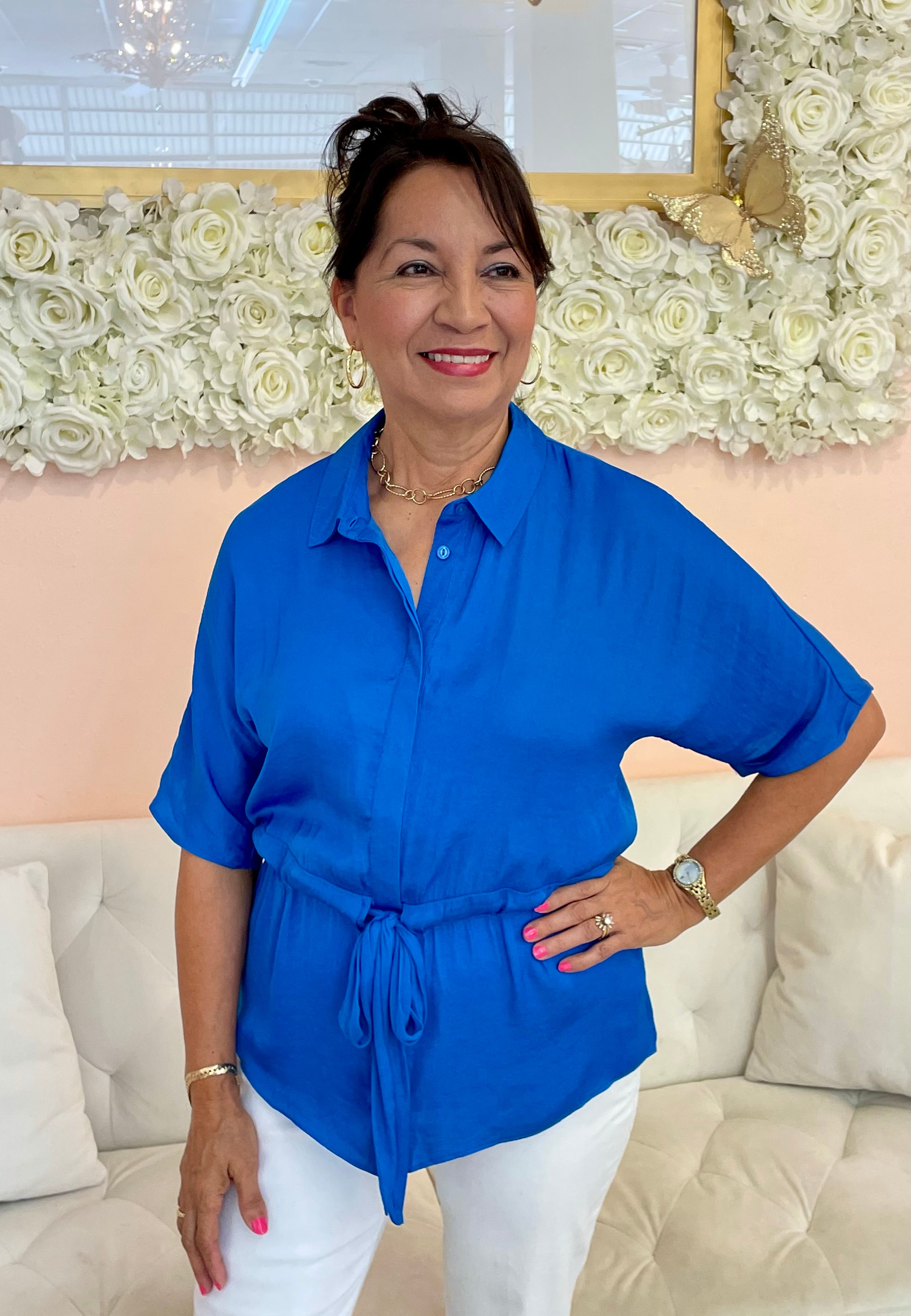 Brianna Blue Button Up Silky Blouse