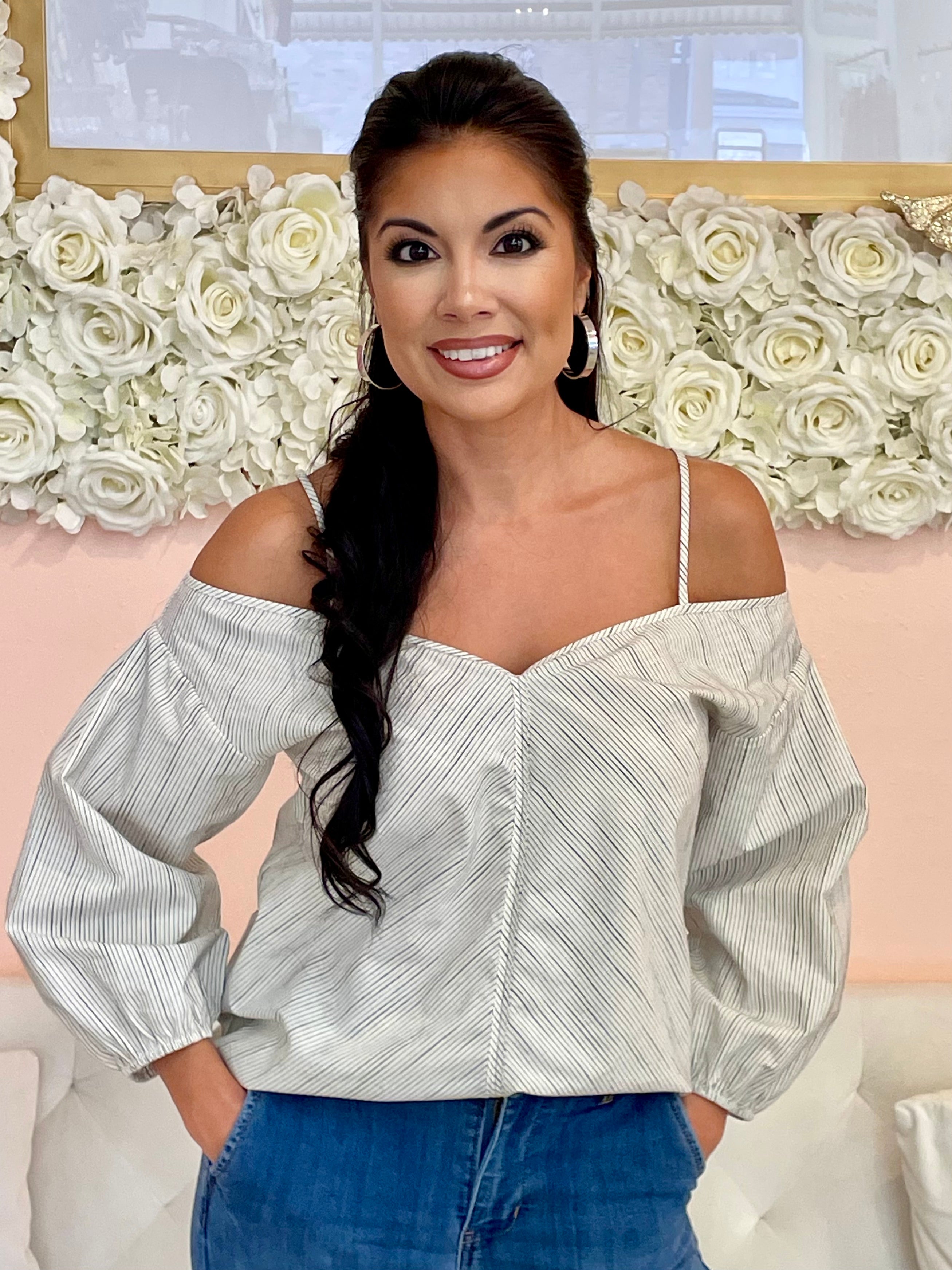Gloria Grey Striped Open Shoulder Blouse
