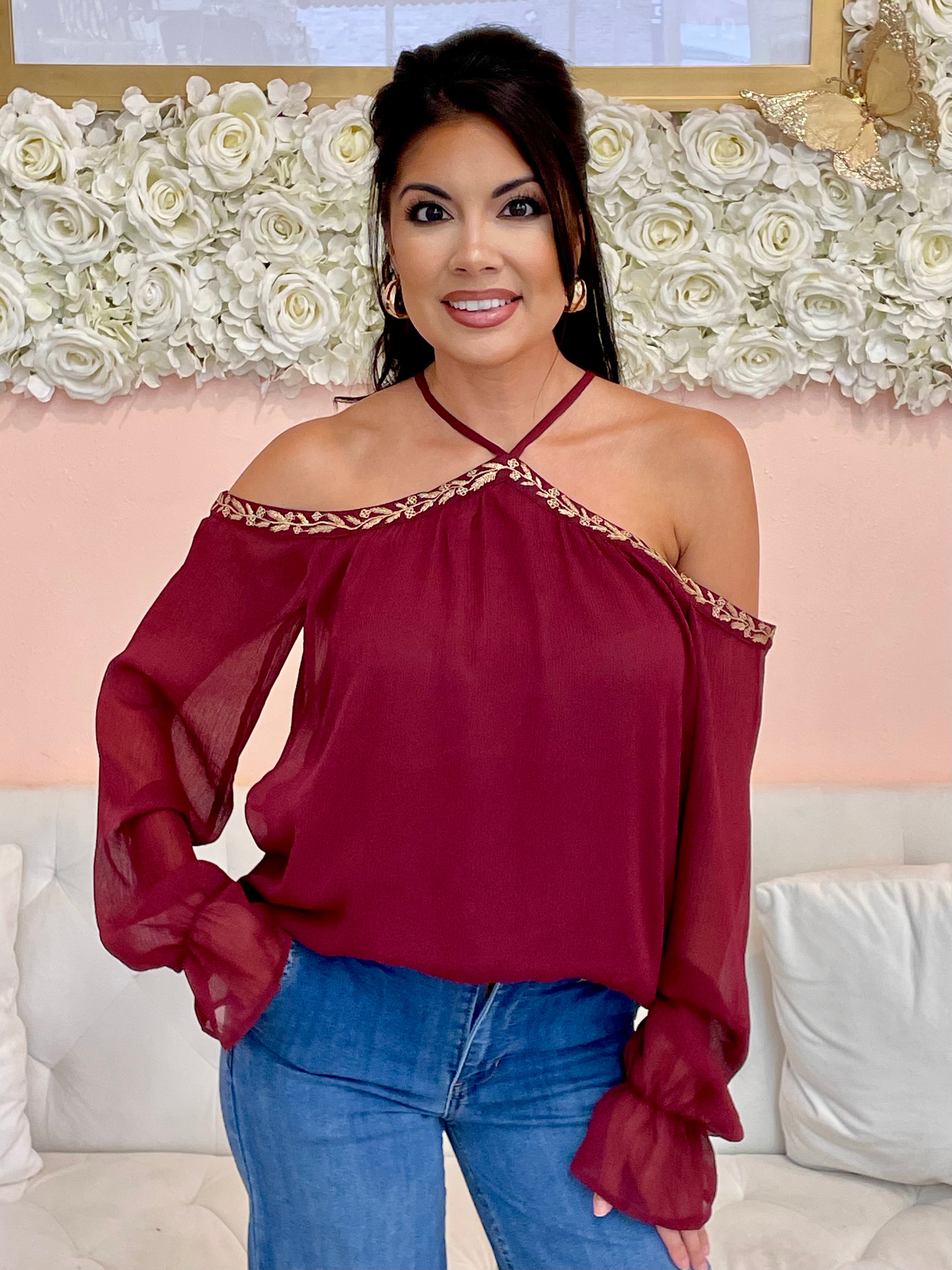 Mia Maroon Gold Leaf Blouse